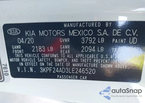 2020 Kia Forte Lxs из США, поврежденный, VIN 3KPF24AD3LE246520